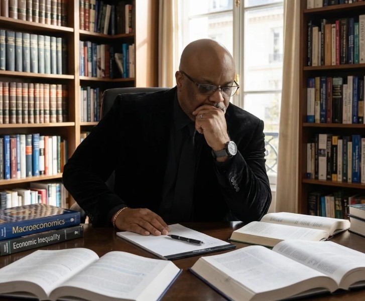Dr. Boyce Watkins studying finance books in his library — PhD in Finance, author, and educator